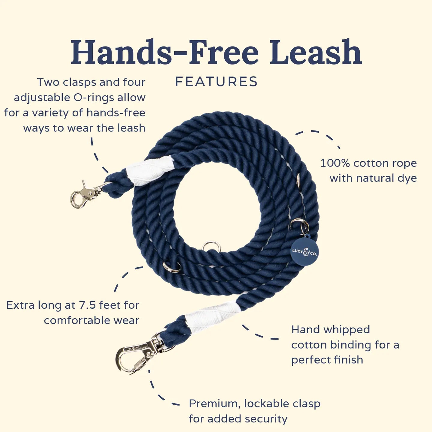 Lucy Navy Hands Free Rope Leash