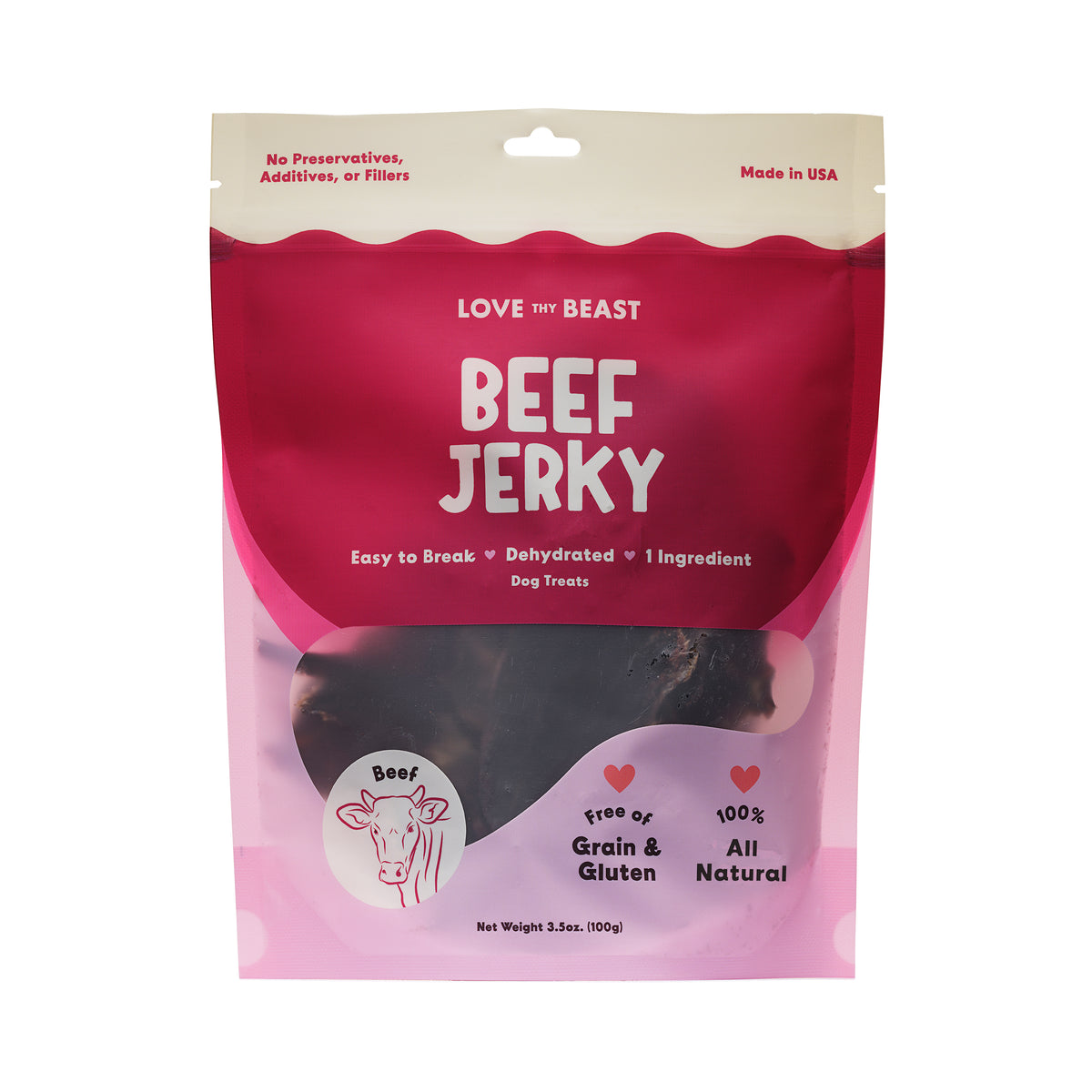 View of Beef Jerky Dog Treats, 3.5-oz Bag – LoveThyBeast