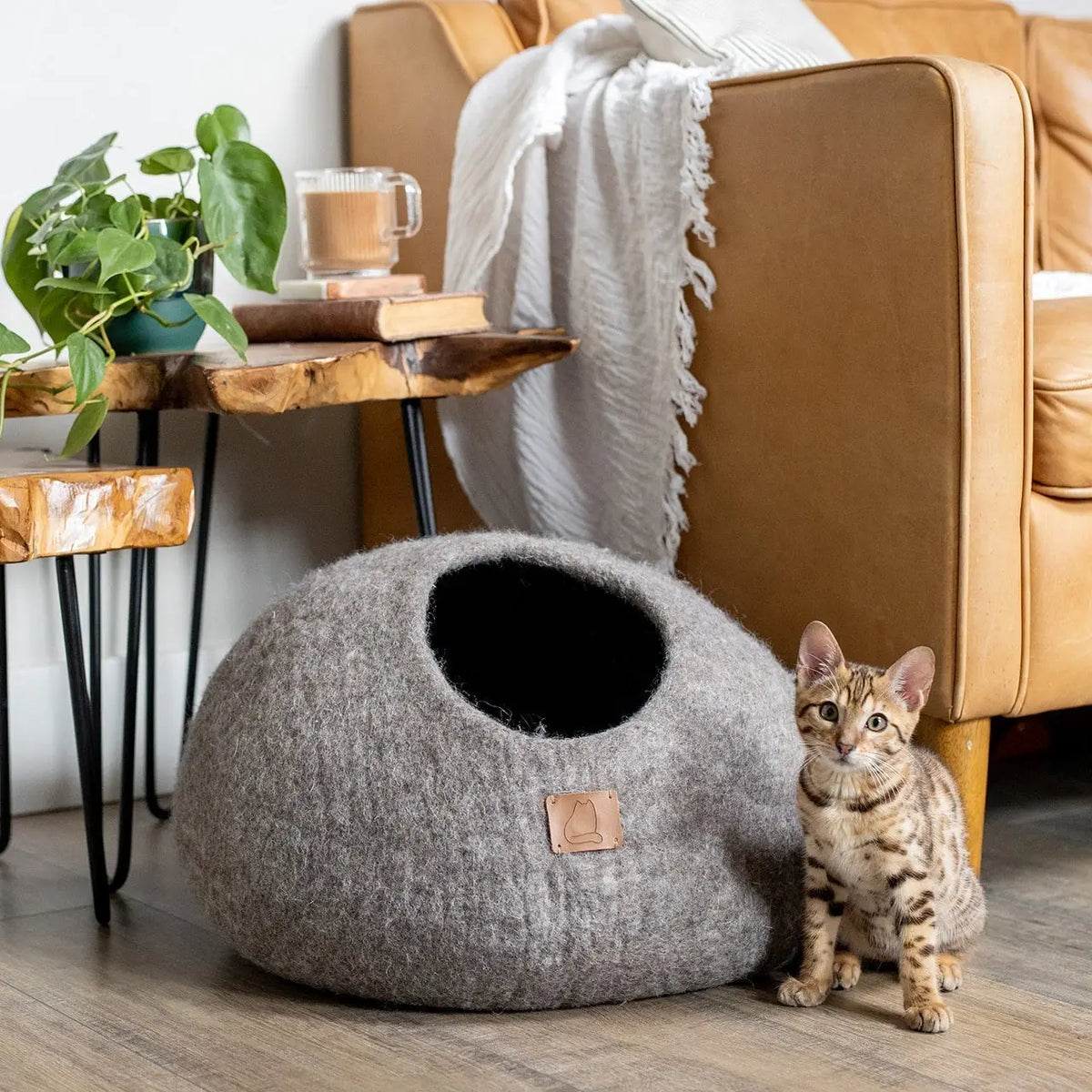 Felted Wool Cat Cave Bed Grey