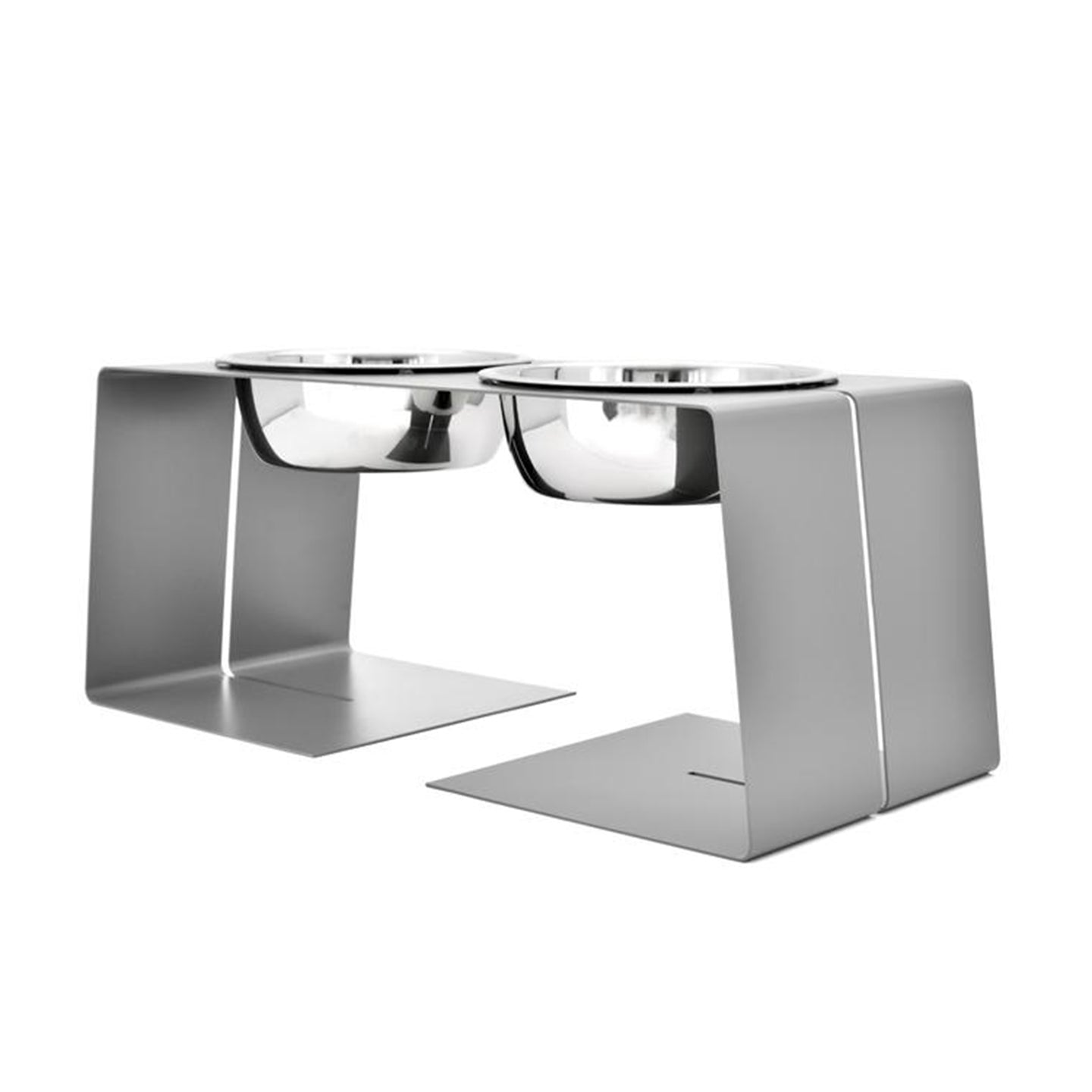 modern designer elevated dog food stand in grey with two stainless steel bowls with mini tex powder coated finish