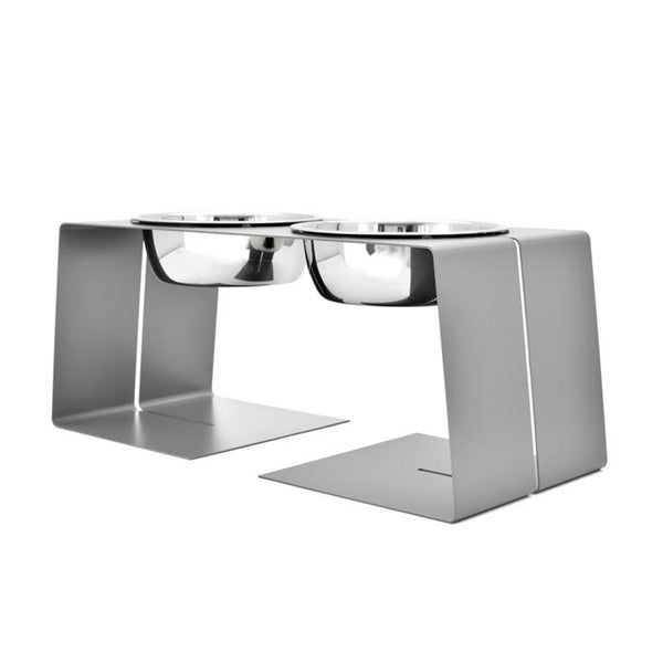 modern designer elevated dog food stand in grey with two stainless steel bowls with mini tex powder coated finish