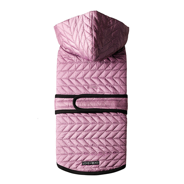 machine washable water repellent lilac purple quilted nylon puffer dog coat with shearling lining and harness hole