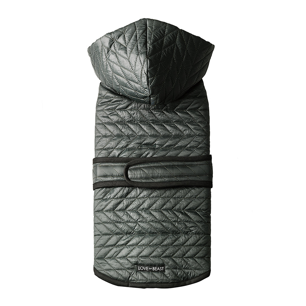 water resistant forest green quilted nylon puffer dog jacket with lining a hood and harness hole