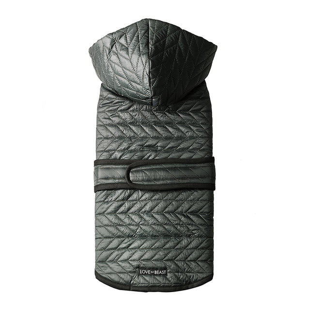 water resistant forest green quilted nylon puffer dog jacket with lining a hood and harness hole