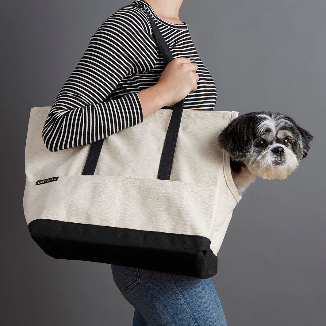 natural and black canvas dog carrier for airline travel