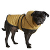 water resistant mustard yellow quilted nylon dog puffer winter coat with lining velcro adjustable belt and harness hole 