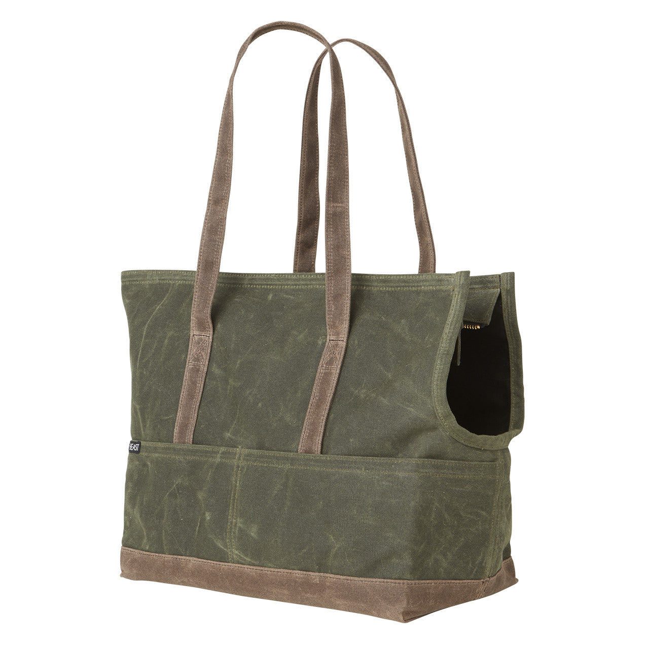 waxed canvas olive and oak pet carrier with leash attachment