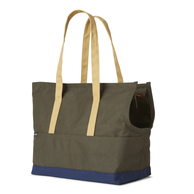 Olive and navy canvas pet carrier for puppy