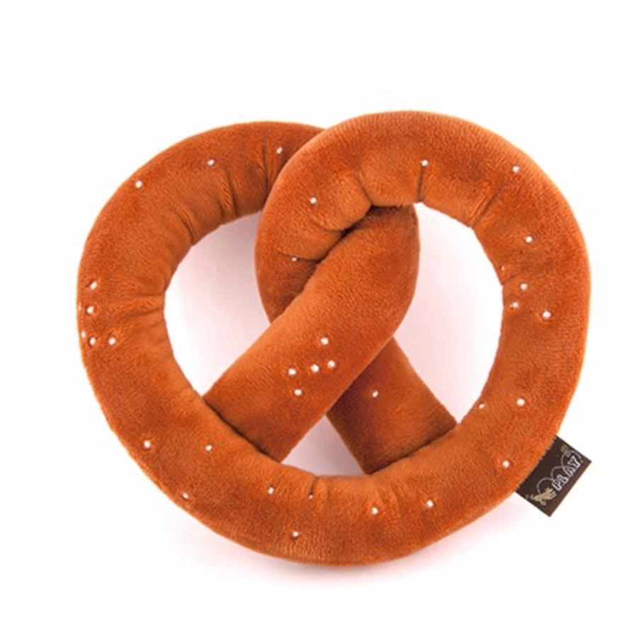 durable pretzel dog toy with squeakers for tug