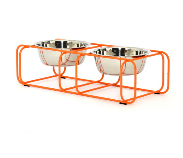 modern made in usa orange designer elevated pet food stand with two stainless steel bowls
