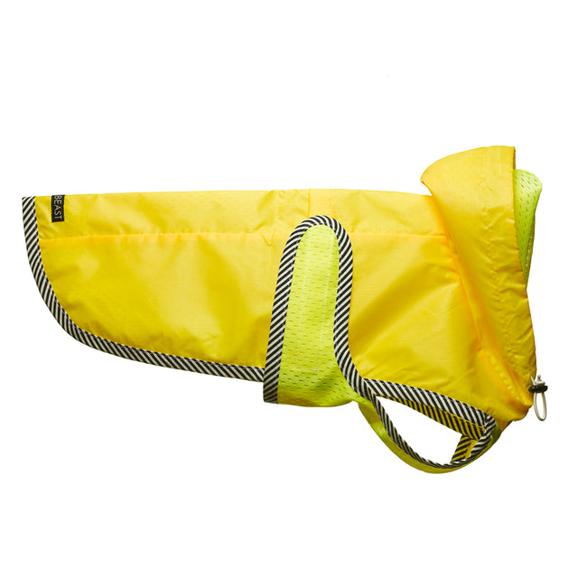 water proof nylon dog rain slicker in neon yellow with mesh lining and striped trim with hood and harness hole