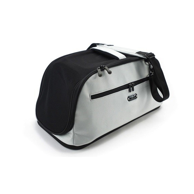 fully enclosed silver nylon pet carrier with removable pad for train travel