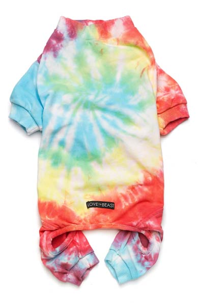 soft hand tie dyed cotton dog onesie with rainbow colors