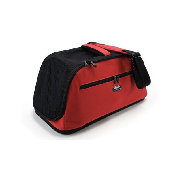 fully enclosed red nylon airline pet carrier with padded shoulder strap for small dogs