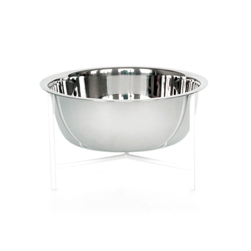 individual modern designer pet food stand in white with stainless steel bowl and rubber feet
