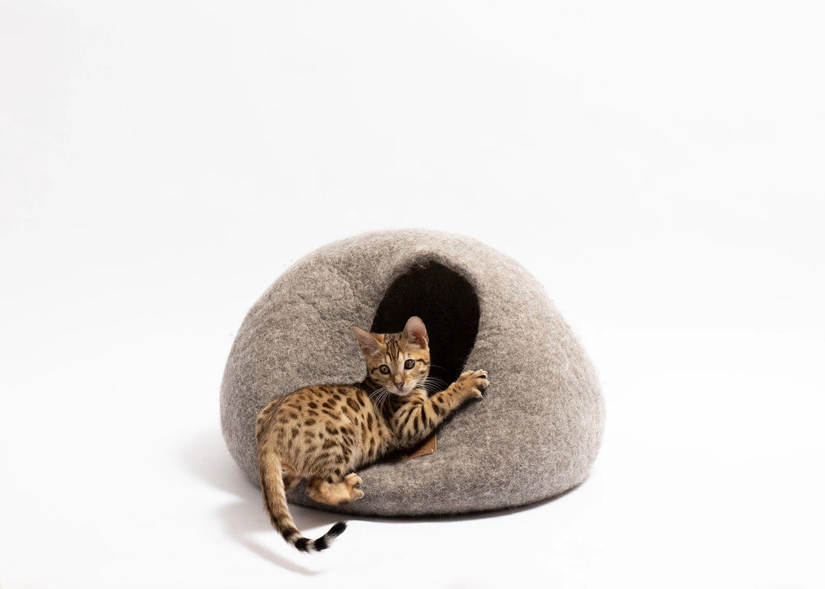 Felted Wool Cat Cave Bed Grey