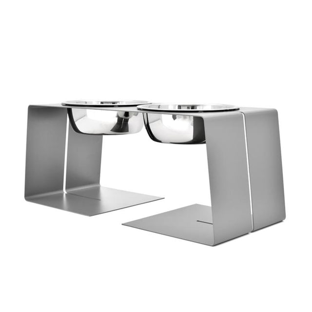 modern designer elevated dog food stand in grey with two stainless steel bowls with mini tex powder coated finish 