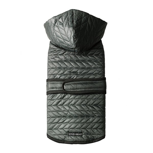 water resistant forest green quilted nylon puffer dog jacket with lining a hood and harness hole 