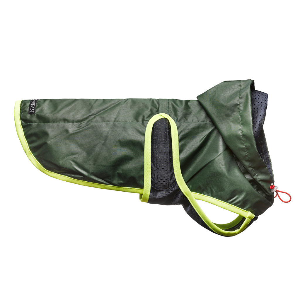 lightweight nylon slicker dog jacket in forest green with navy blue lining and neon trim with harness hole