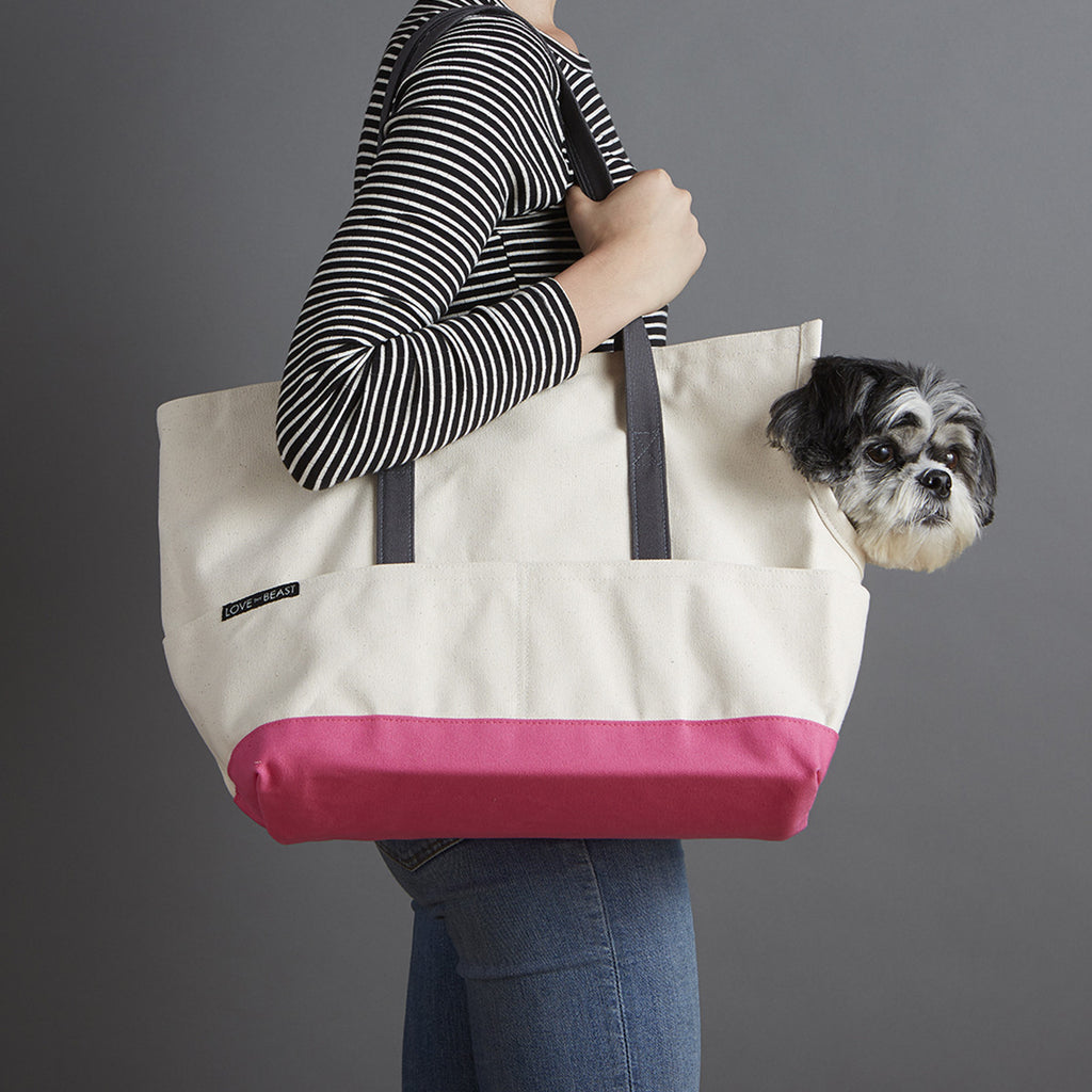 natural and pink canvas travel carrier for corgi 