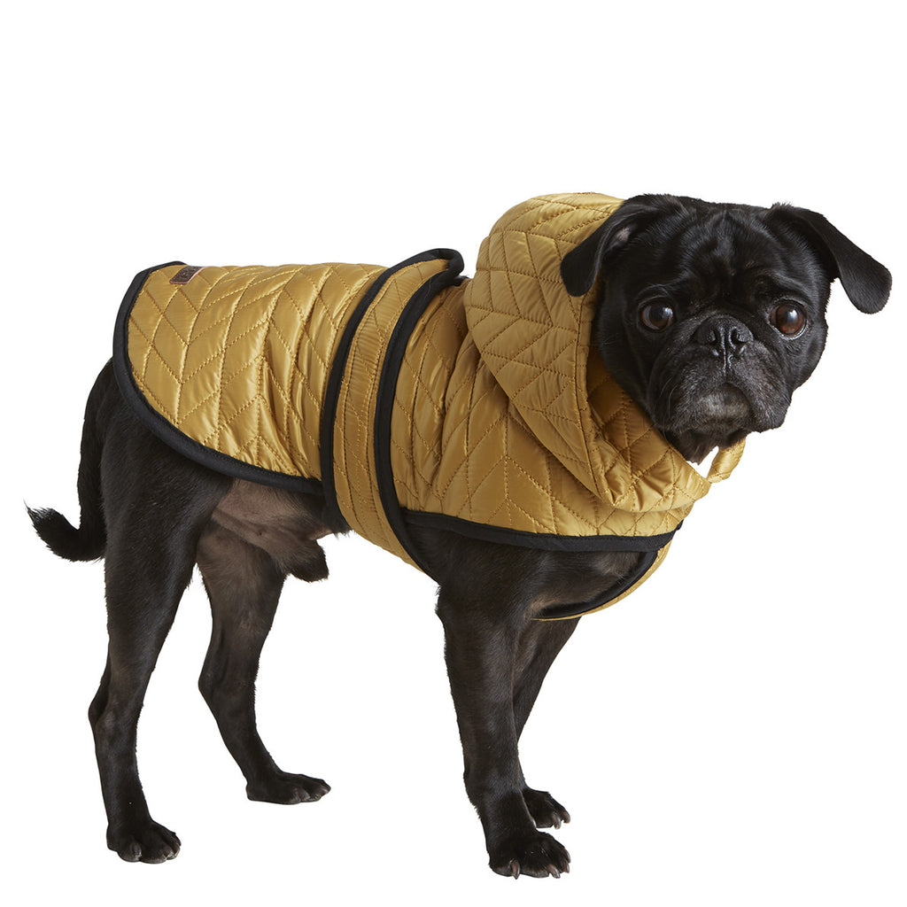 water resistant mustard yellow quilted nylon dog puffer winter coat with lining velcro adjustable belt and harness hole 
