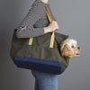 Olive and navy canvas pet carrier for puppy 