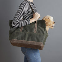 waxed canvas olive and oak pet carrier with leash attachment 