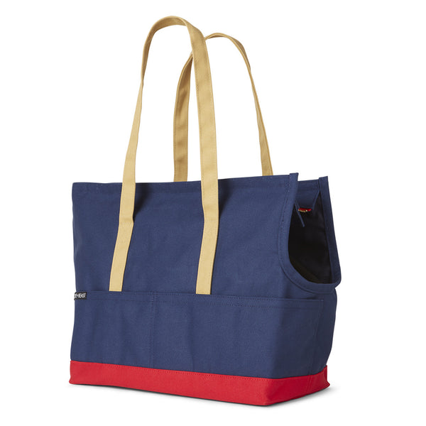 Navy and Red Canvas pet tote carrier for emotional support animal 