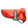 water proof lightweight nylon orange dog rain coat with grey lining and green trim with drawstring hood and harness hole