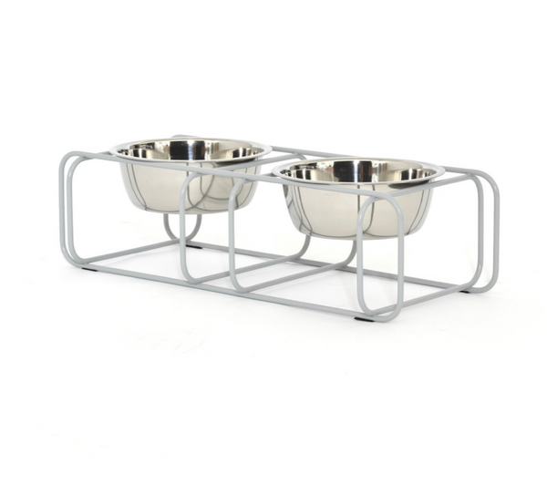 modern made in usa grey designer pet elevated food stand with two stainless steel bowls