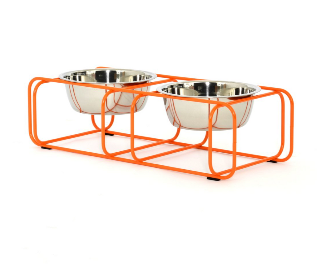 modern made in usa orange designer elevated pet food stand with two stainless steel bowls 