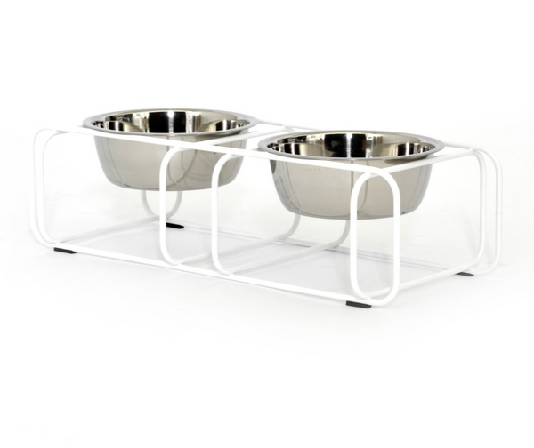 modern made in usa white designer elevated pet food stand with two stainless steel bowls