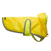 water proof nylon dog rain slicker in neon yellow with mesh lining and striped trim with hood and harness hole 