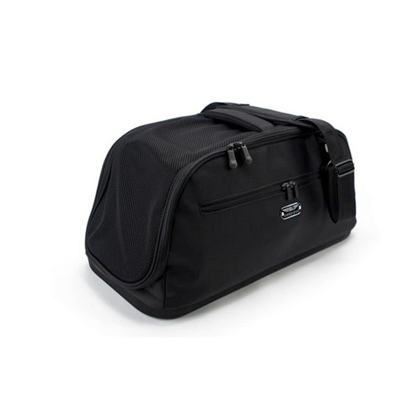 fully enclosed black nylon pet carrier with mesh top for safe car travel 