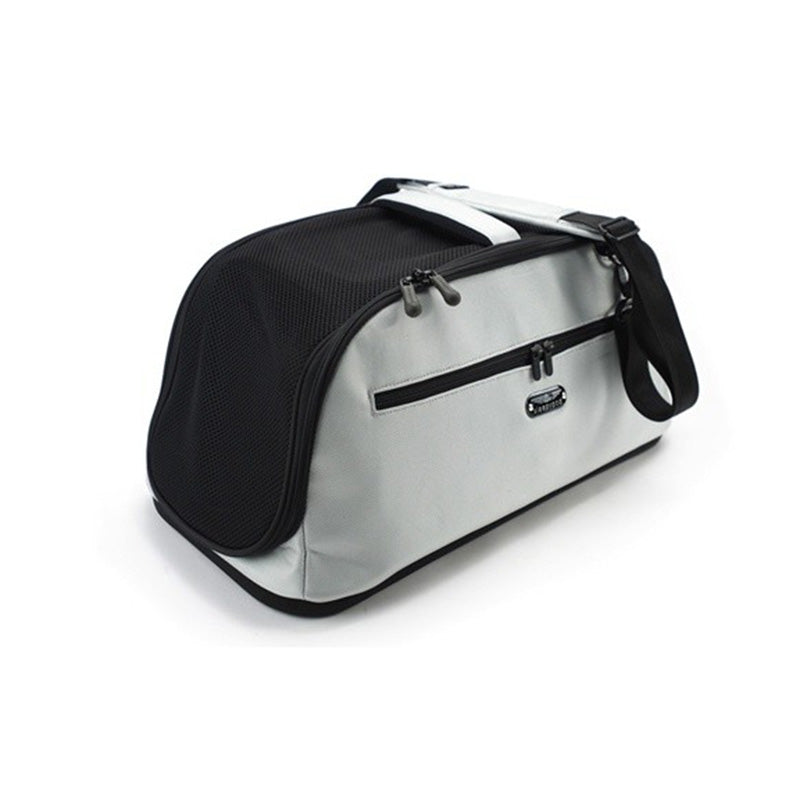 fully enclosed silver nylon pet carrier with removable pad for train travel 