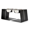 modern designer elevated pet food stand in black with two stainless steel bowls and rubber non skid bottom 