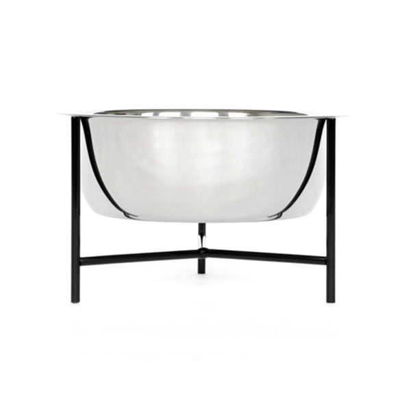 single modern designer pet food bowl stand in black with stainless steel bowl and rubber feet 
