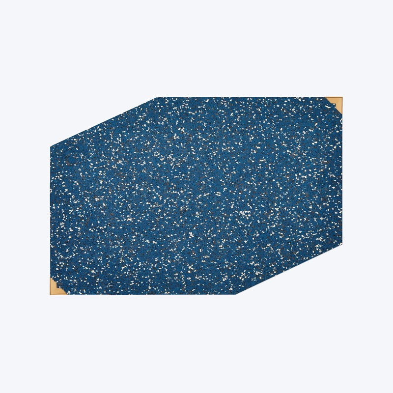 modern designer blue speckled  rubber food mat with brass corner guards 