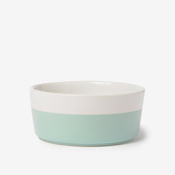 chic white ceramic durable dog bowl with mint green hand dipped bottom