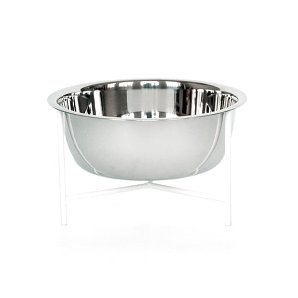 individual modern designer pet food stand in white with stainless steel bowl and rubber feet 